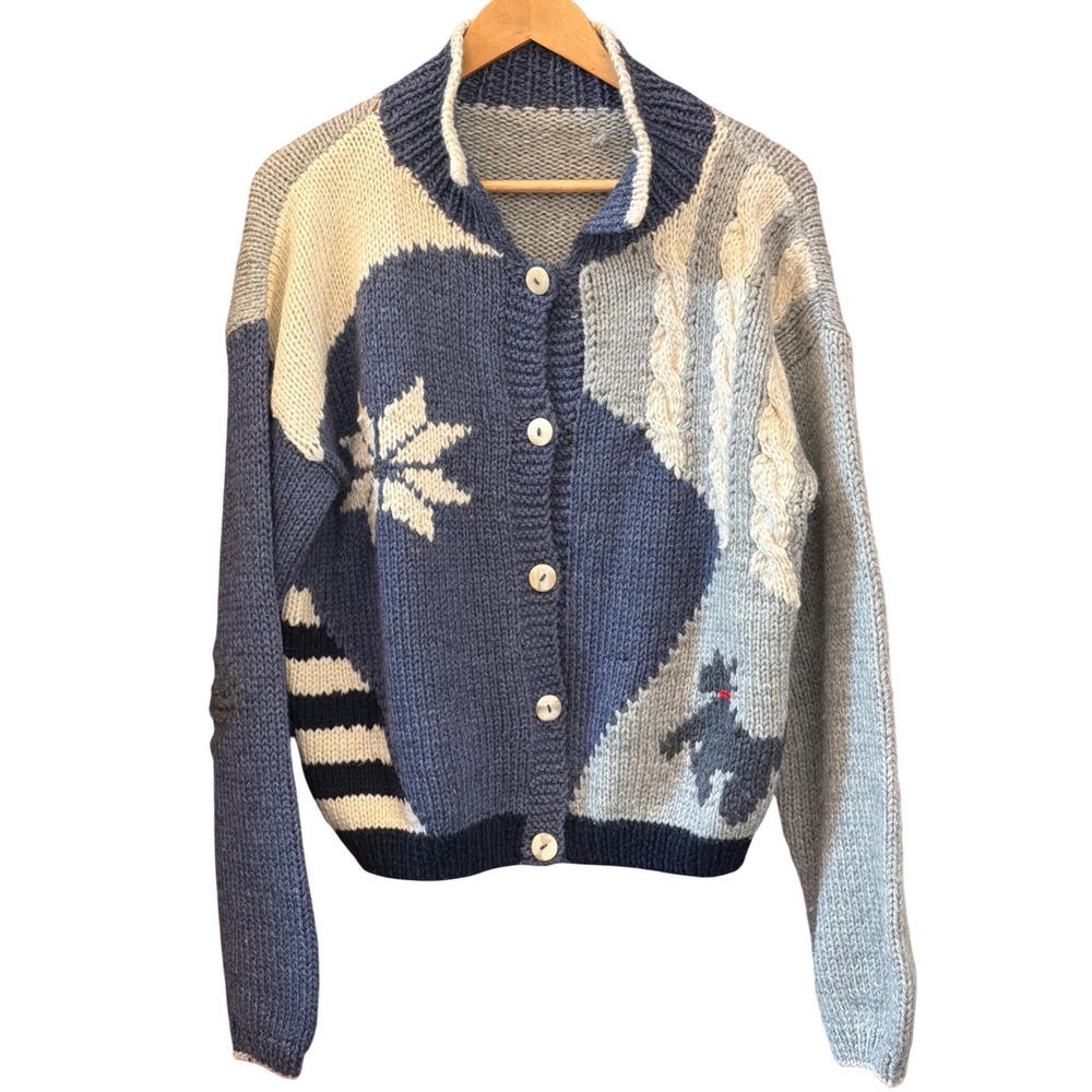Vintage Hand Knit Nautical Schnauzer Cardigan Sweater Grandmacore Patchwork